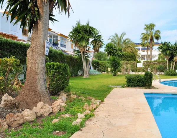Gepflasterter Weg durch die Gartenanlage zum Pool